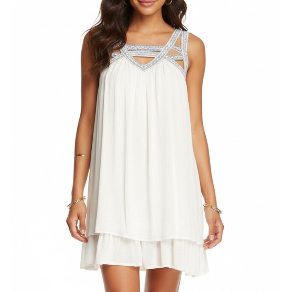 ILLA ILLA Lined CREPE Ivory EBROIDERED CUT-OUT V-Neck A-LINE DRESS/TUNIC TOP M